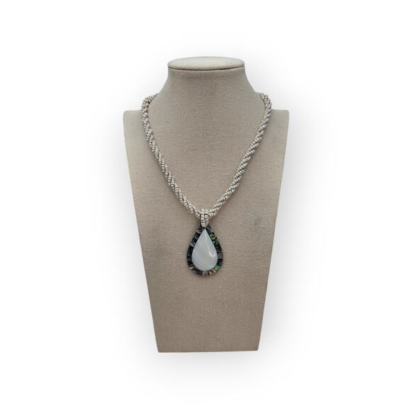 Boho Abalone Mosaic Teardrop Pendant Necklace – White Beaded Rope - Picture 8 of 10
